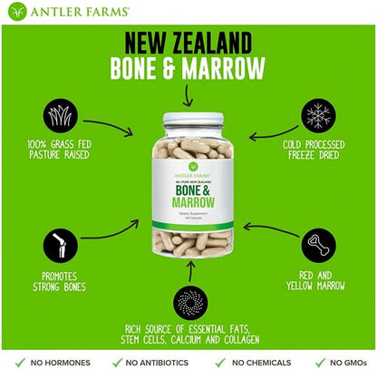 Antler Farms New Zealand Bone & Marrow - Grass Fed, 750mg, 180 Capsules - 100% Pure, Pasture Raised Whole Bone Extract, Healthy Essential Fats, Stem Cells, Collagen, Calcium, Phosphorus and Minerals