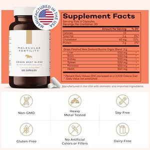 Molecular Fertility Beef Organ Complex - Pasture-Raised, Grass Fed Beef Liver, Brain, Heart, Spleen, Pancreas Blend, Healthy Hormone Balance and Fertility Supplement for Women and Men, 180 Capsules