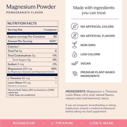 TRIP Magnesium Glycinate Powder with L-Theanine & Lion’s Mane, Sugar Free Magnesium Supplement for Adults, 250mg Magnesium per Drink Mix Serving, Pomegranate Orange Blossom, 1 Bag - 30 Servings