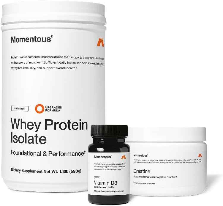 Momentous Arnold's Stack - Creatine Monohydrate Powder, Essential Grass-Fed Whey Protein Powder (Unflavored) & Vitamin D3 (2000 IU) - Daily Fundamentals to Support Muscle Strength & Longevity