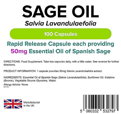 Essential Oil of Sage 100 Caps, Hot Flushes, Menopause