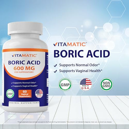Vitamatic Boric Acid Vaginal Suppositories 600 mg USP Grade Boric Acid in Vegetarian Capsule Shell - 60 Count