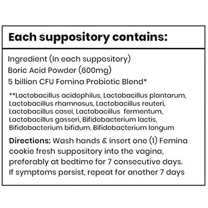 Femina Probiotics Cookie Fresh with 600mg Boric Acid for BV Control 20-Count with Applicator