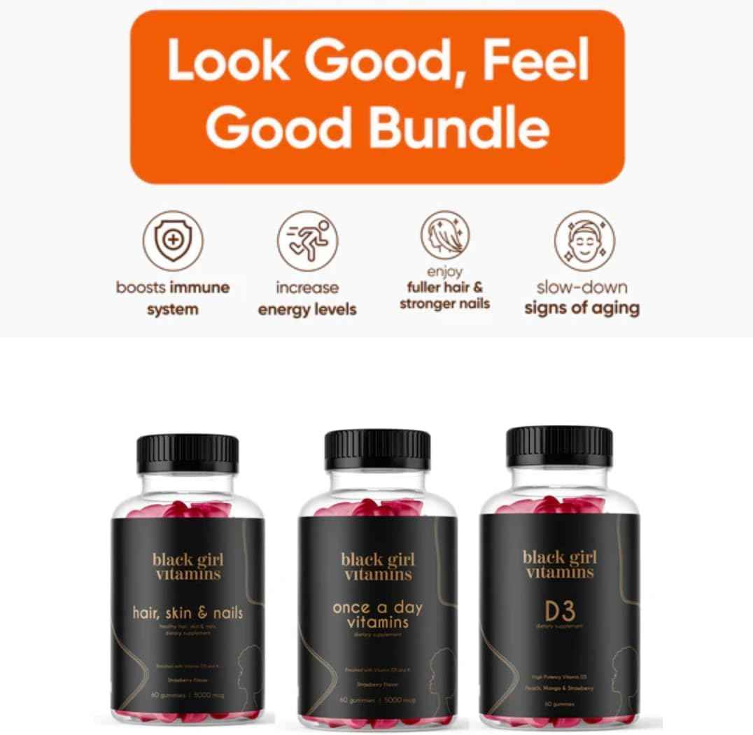 Black Girl Vitamins Look Good Feel Good Bundle - Hair Skin & Nails, Vitamin D3 2000IU & Once a Day Multivitamin - Women's Supplement Bundle