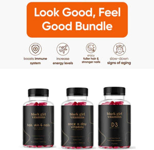 Black Girl Vitamins Look Good Feel Good Bundle - Hair Skin & Nails, Vitamin D3 2000IU & Once a Day Multivitamin - Women's Supplement Bundle