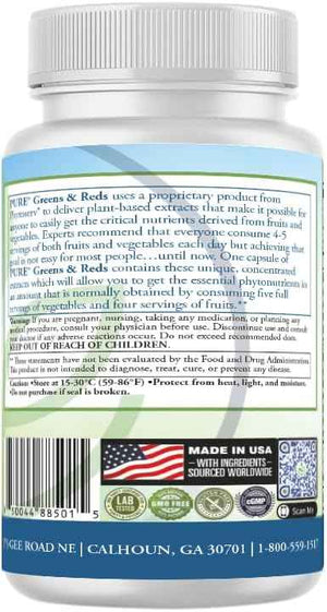 PURE Greens & Reds Capsules - 30 Servings - 9 Daily Servings of Fruits & Vegetables in 1 Capsule - PhytoServ Superfood Blend with Broccoli, Kale & Berries - Plant-Based Phytonutrient Shield