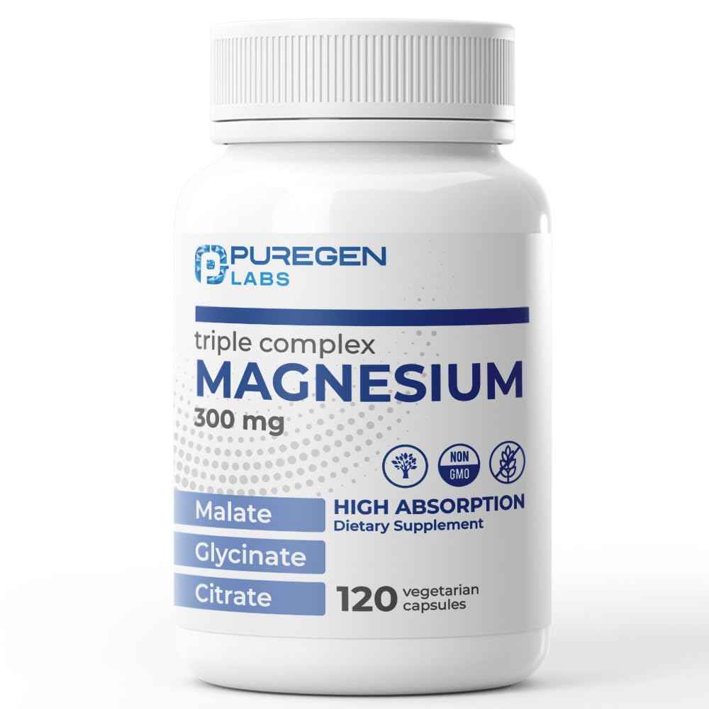 Puregen Labs Triple Magnesium Complex 300mg of Magnesium Glycinate, Malate, & Citrate [High Absorption] 120 Veg Capsules - No Harmful Additives - Non-GMO, NO Gluten and Dairy