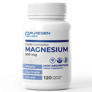 Puregen Labs Triple Magnesium Complex 300mg of Magnesium Glycinate, Malate, & Citrate [High Absorption] 120 Veg Capsules - No Harmful Additives - Non-GMO, NO Gluten and Dairy