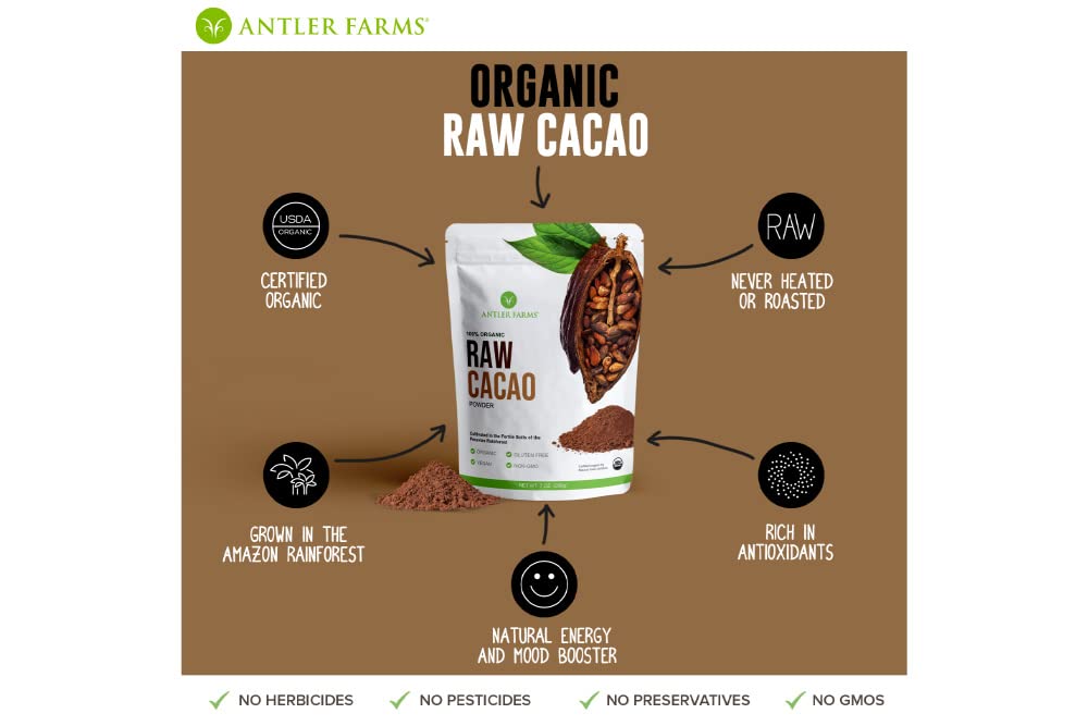Antler Farms - 100% Pure Organic Raw Cacao Powder, 40 servings, 200g - Vegan, Gluten Free, Cultivated Naturally in Amazon Rainforest, Certified USDA Organic - 100% Pure, Vegan, Gluten Free, Cultivated Naturally in Amazon Rainforest, Certified USDA Organic