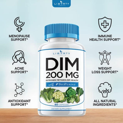 Liberty Lifestyle DIM Supplement 200mg - DIM Diindolylmethane Plus BioPerine - Estrogen Balance