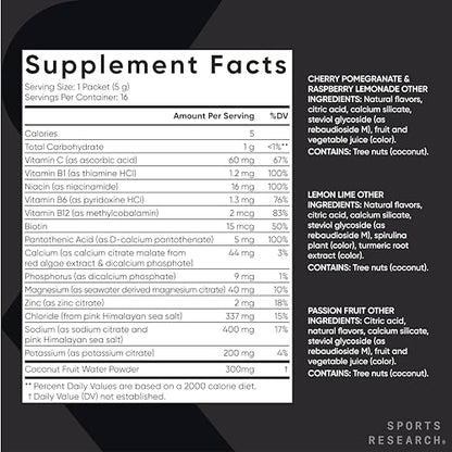 Sports Research Hydrate Electrolytes Powder Packets - Sugar-Free & Naturally Flavored