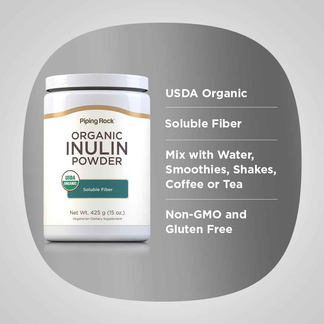Piping Rock Organic Inulin Powder - 15 oz - Soluble Fiber Supplement - FOS Powder - Vegetarian, Non-GMO, Gluten Free