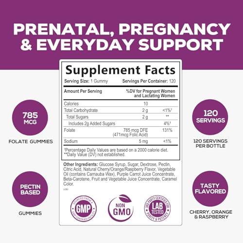 Folic Acid Gummies for Women 785 mcg, Essential Prenatal Vitamins for Mom & Baby, Vegan Folic Acid