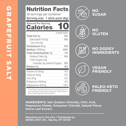 LMNT Zero-Sugar Electrolytes - Grapefruit Salt - Hydration Powder Packets | No Dodgy