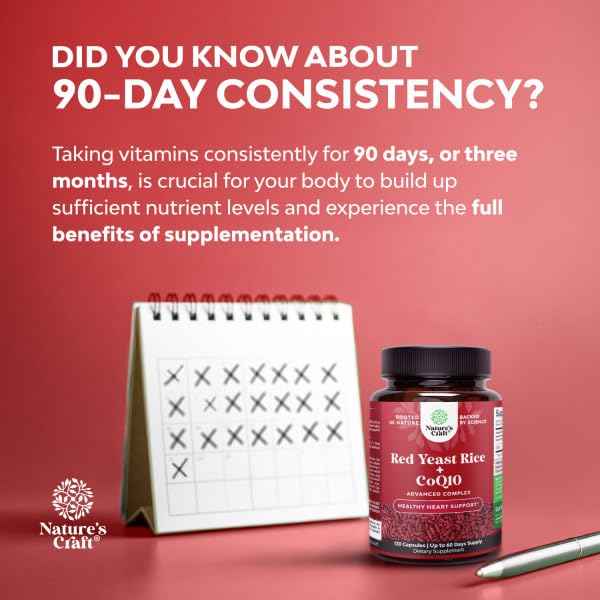 Natures Craft Red Yeast Rice with CoQ10 Supplement - Advanced Healthy Heart & Healthy Cholesterol Levels Formula for Men & Women - Red Yeast Rice Capsules with 1200 mg