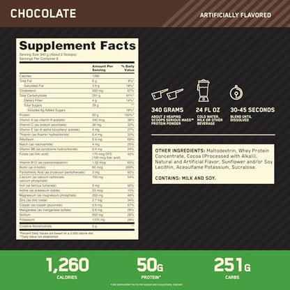 Optimum Nutrition Serious Mass, Weight Gainer Protein Powder, Chocolate, 6 Pound