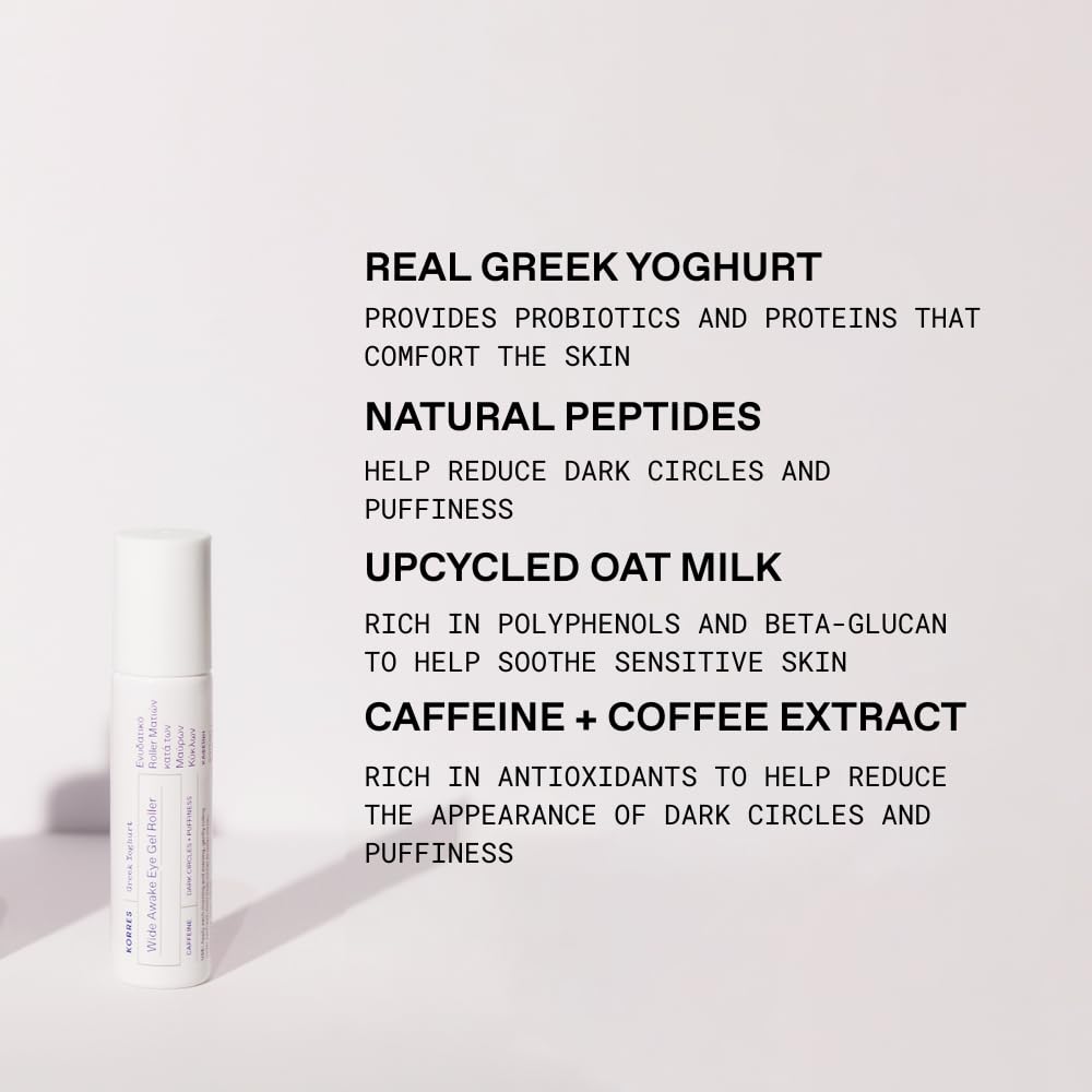 KORRES Greek Yoghurt Wide Awake Eye Gel Serum – Brightening Eye Roller with Hyaluronic Acid & Caffeine for Dark Circles & Puffiness (0.51 fl oz)