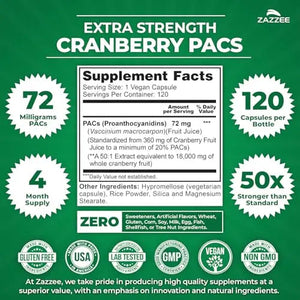 Zazzee Cranberry PACs, 72 mg PACs per Capsule, 2X Strength, 100% Soluble, 120 Vegan Capsules, 50:1 Extract, 18,200 mg Strength, Fast-Acting, Effective Urinary Tract Support, Made in The USA ZazzeeBuy Supplements Australia