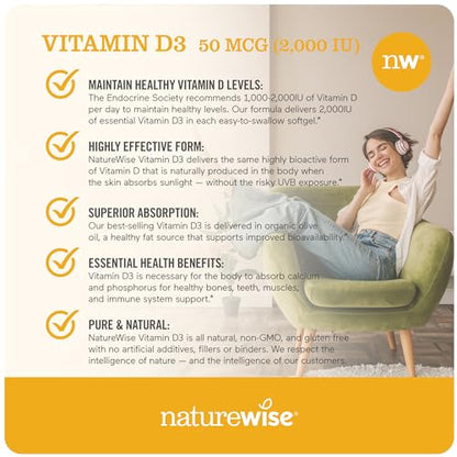 NatureWise Vitamin D3 2000iu (50 mcg) Healthy Muscle Function, and Immune Support