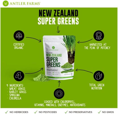 Antler Farms New Zealand Super Greens Powder - Organic, 40 Servings, 200g - 100% Pure, Wheat Grass, Barley Grass, Chlorella, Spirulina - Vegan, Gluten Free, Chlorophyll Rich, for Energy and Detox