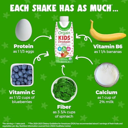 Orgain Organic Kids Nutritional Protein Shake, Strawberry - Kids Snacks with 8g Dairy