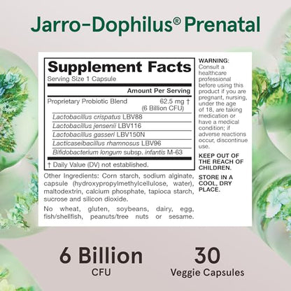 Jarrow Formulas, Jarro-Dophilus Prenatal Veggie Capsules, 6 Billion CFU, 30 Count (Pack of 12)