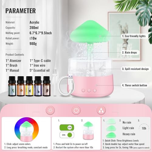 Rain Cloud Humidifier Water Drip with 5 Essential Oils, Cloud Diffuser with 7 Changing Colors Night Lights