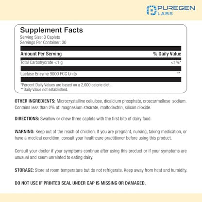Puregen Labs Dairy Relief Natural Fast Acting Lactase Enzyme 3000 FCC, Lactose Intoleran