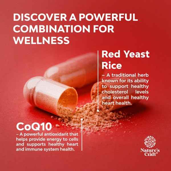 Natures Craft Red Yeast Rice with CoQ10 Supplement - Advanced Healthy Heart & Healthy Cholesterol Levels Formula for Men & Women - Red Yeast Rice Capsules with 1200 mg