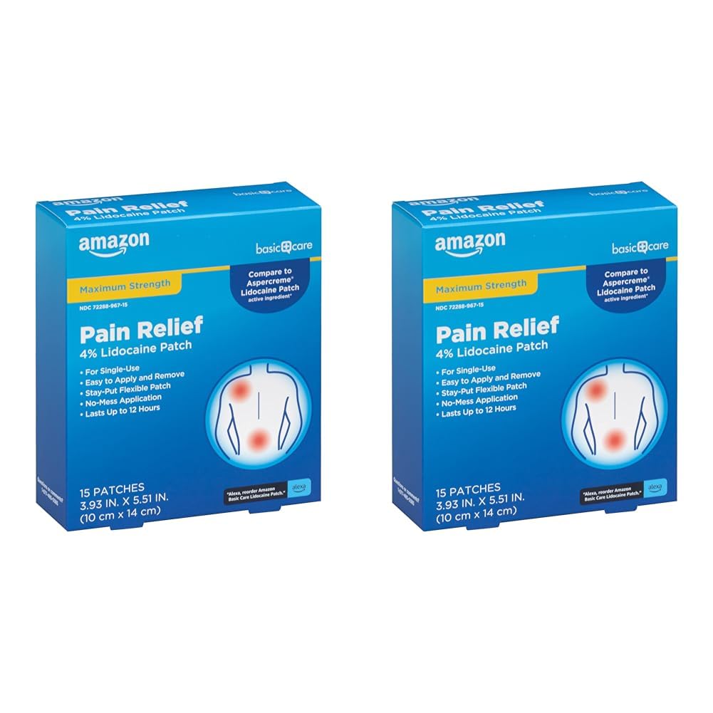 Amazon Basic Care Maximum Strength OTC Pain Relief, 4% Lidocaine Patch, 3.9” x 5.5”, 15-Count Box (Previously HealthWise) (Pack of 2)