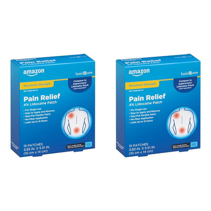 Amazon Basic Care Maximum Strength OTC Pain Relief, 4% Lidocaine Patch, 3.9” x 5.5”, 15-Count Box (Previously HealthWise) (Pack of 2)