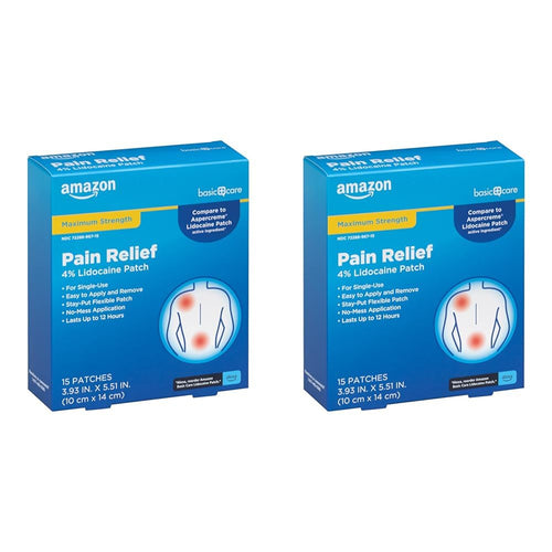 Amazon Basic Care Maximum Strength OTC Pain Relief, 4% Lidocaine Patch, 3.9” x 5.5”, 15-Count Box (Previously HealthWise) (Pack of 2)