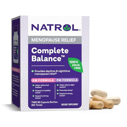 Natrol Complete Balance A.M./P.M. Capsules for Menopause Relief, Helps Relieve Hot Flashes and Night Sweats