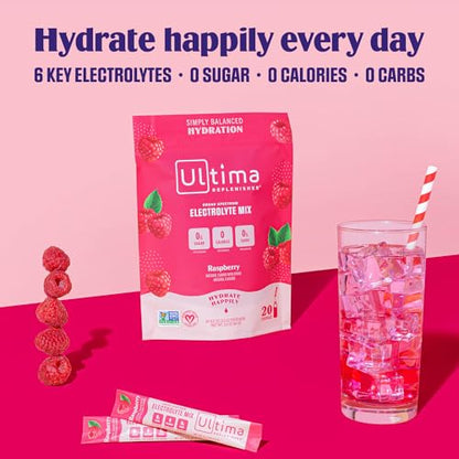 Ultima Replenisher Daily Electrolyte Drink Mix – Raspberry, 20 Stickpacks – Hydration