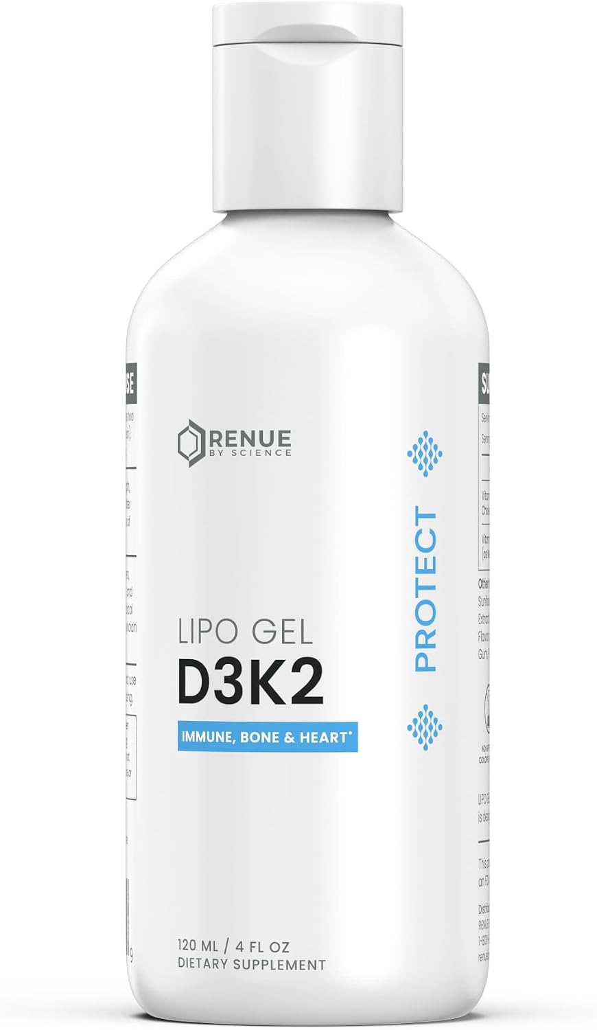 Renue By Science Vitamin D3 K2 Gel - High Strength Liposomal D3 K2 Supplement - 120ml Vitamin D K2 Gel - 2500IU Vitamin D3 & 200mcg Vitamin K2 per Serving - Non-GMO & Allergen Free - Made in the USA
