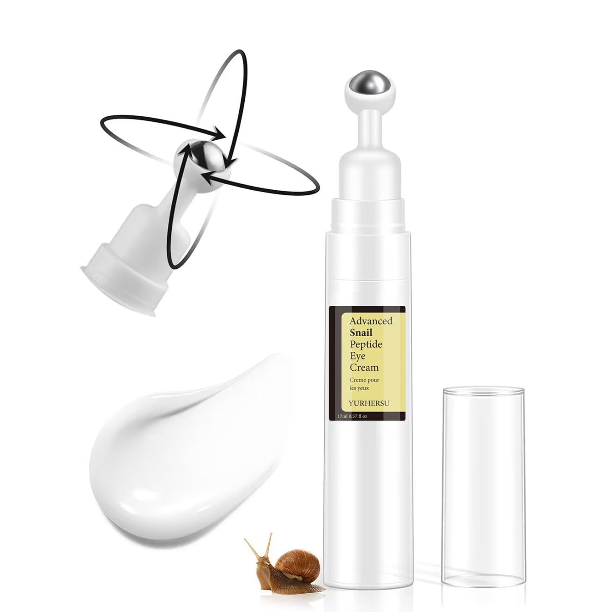 ELCHHIRSCH Snail Peptide Under Eye Cream - 73% Snail Mucin & 2% Nicotinamide with 360° Massaging Roller Ball (0.57 fl. oz)