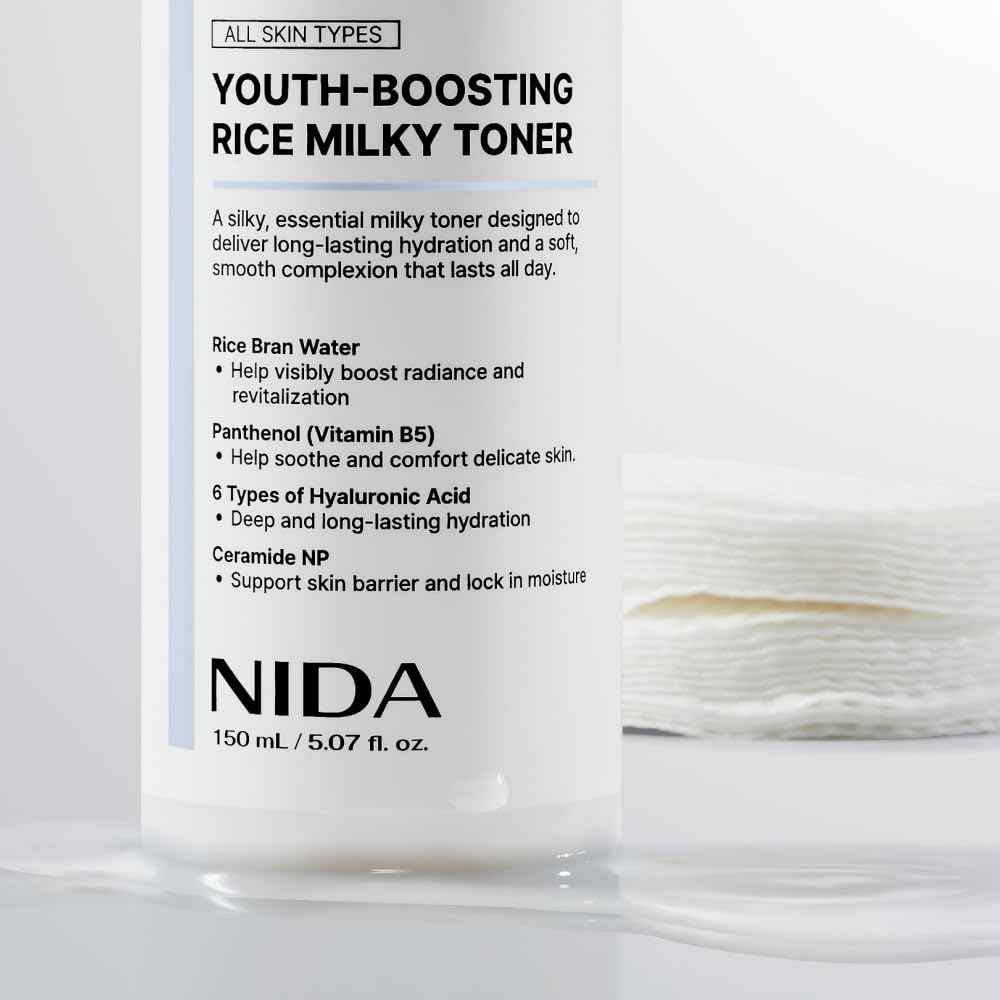 NIDA Youth-boosting Rice Milky Toner, for Glass Skin | Rice Bran Extract, Niacinamide, Ceramide NP, Panthenol | Deep Moisturizing, Hydrating and Refreshing