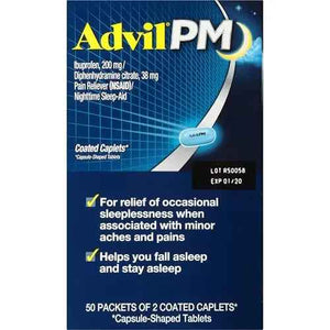 Advil PM Pain Reliever and Nighttime Sleep Aid, Pain Medicine with Ibuprofen for Pain Relief and Diphenhydramine Citrate for a Sleep Aid - 50x2 Coated Caplets