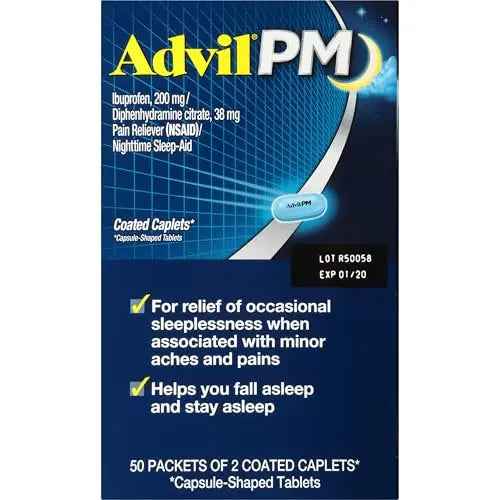 Advil PM Pain Reliever and Nighttime Sleep Aid, Pain Medicine with Ibuprofen for Pain Relief and Diphenhydramine Citrate for a Sleep Aid - 50x2 Coated Caplets