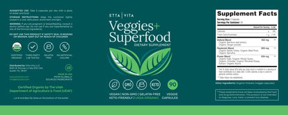 USDA Organic Fruits and Veggies Supplement, 31 Whole Foods, 180 Vegan Ct - Food berry & greens supplements blend for energy, immune & digestive support, vegan, non-GMO, gluten free, third-party tested