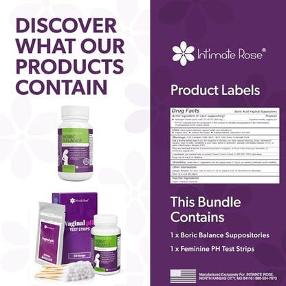 Intimate Rose Boric Acid Suppositories and pH Test Strips for Women (50 Strips) Bundle.