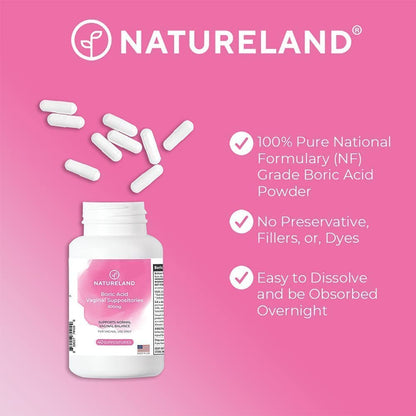 Natureland [40 Count Boric Acid Suppositories 600mg w/ [20 Pack] Vaginal Applicator - Feminine Care