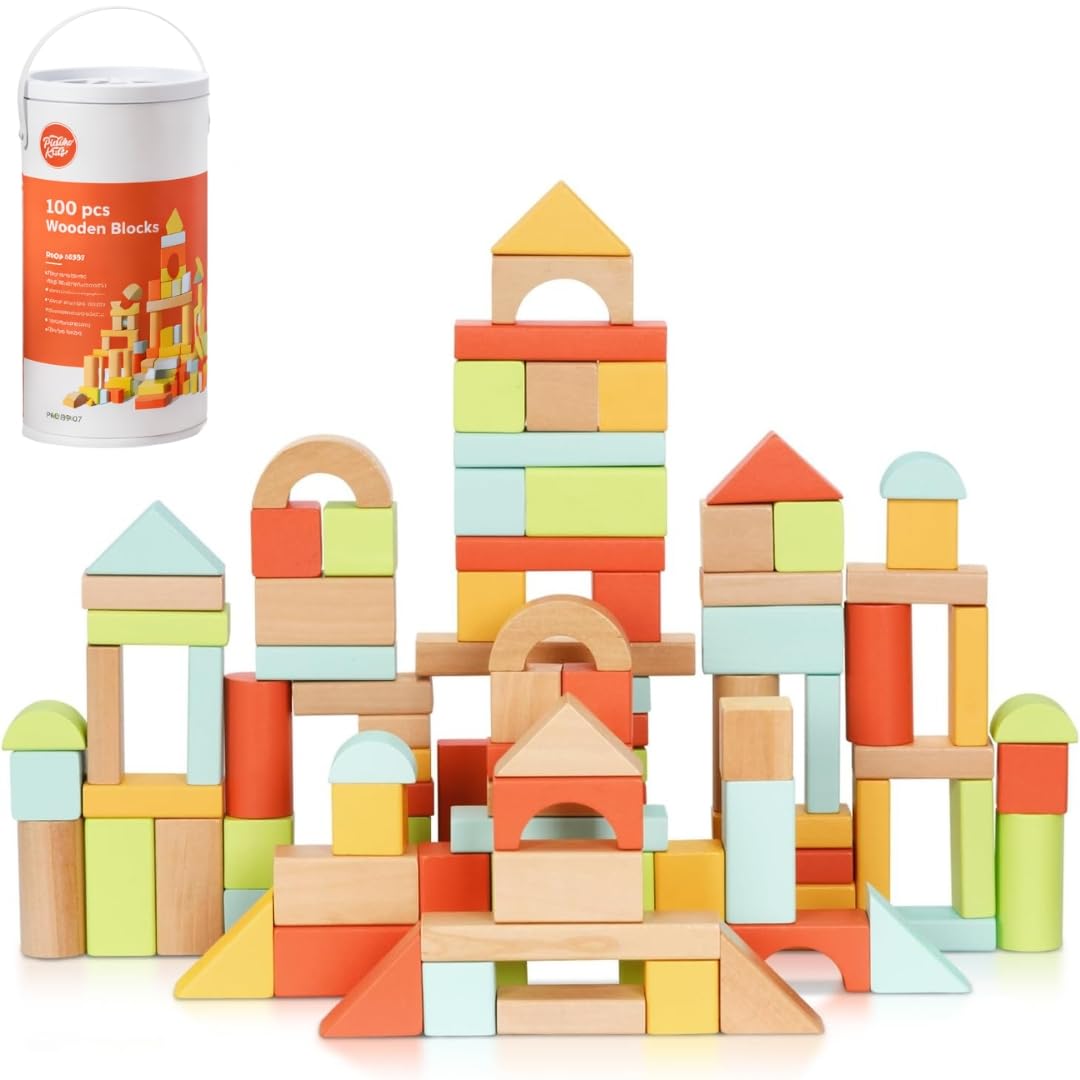Pidoko Kids 100pcs Building Blocks for Toddlers 1-3, Wooden Blocks for Kids with Storage Bucket and Shape Sorter Lid Montessori Toys for 1 2 3 Year Old, Learning Toys for Preschool Girls and Boys