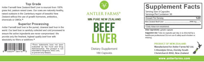 Antler Farms New Zealand Beef Liver Capsules - Grass Fed, 180 Capsules - 100% Pure Desiccated Grass Fed Beef Liver Supplement, Cold Processed, rBGH Free, No Fillers or Additives