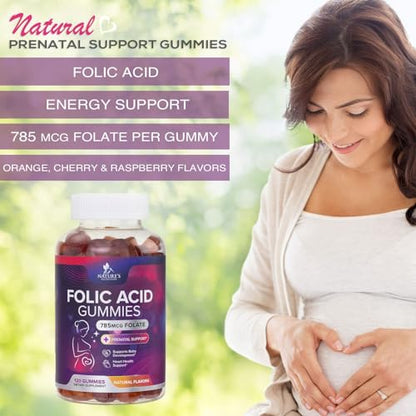 Folic Acid Gummies for Women 785 mcg, Essential Prenatal Vitamins for Mom & Baby, Vegan Folic Acid