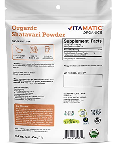 Vitamatic Certified USDA Organic Shatavari Powder 1 Pound (16 Ounce)