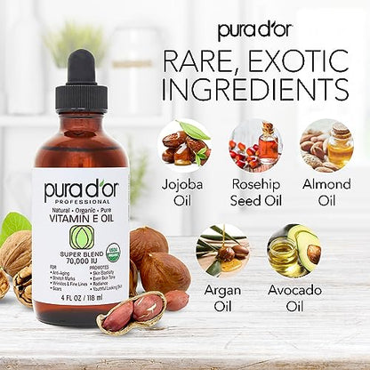 PURA D'OR 4 Oz ORGANIC Vitamin E Oil Blend 70,000 IU - 100% Natural Hexane Free, Sweet Almond