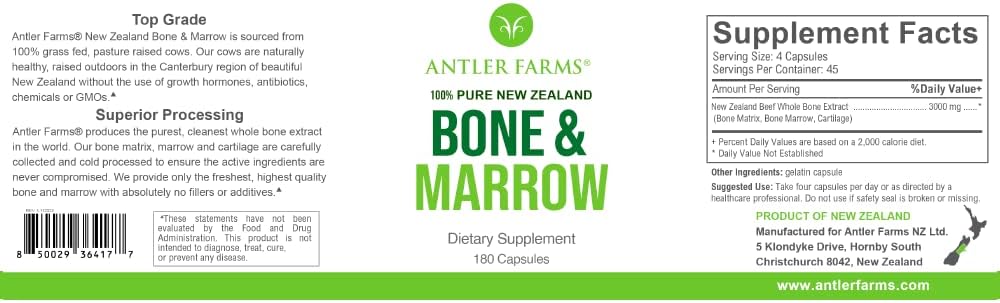 Antler Farms New Zealand Bone & Marrow - Grass Fed, 750mg, 180 Capsules - 100% Pure, Pasture Raised Whole Bone Extract, Healthy Essential Fats, Stem Cells, Collagen, Calcium, Phosphorus and Minerals