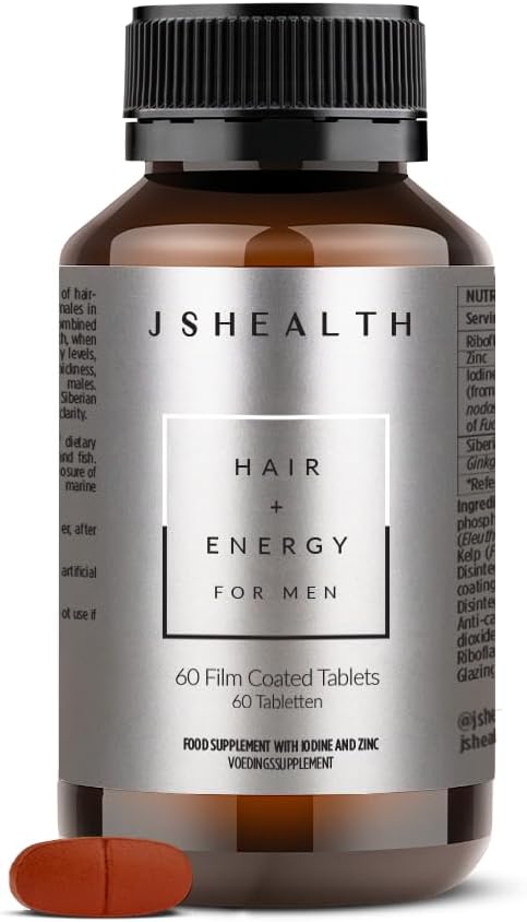 JSHealth Hair Growth Supplement for Men Nutritionist Formulated - 60 Count - Made with Kelp Iodine, Zinc, Siberian Ginseng, Ginkgo. Supports Hair, Healthy Hormone Levels, Energy, Stamina