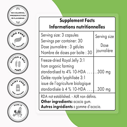 Supersmart - Organic Royal Jelly 300mg per Day (High Strength 4% 10-HDA) - Freeze